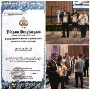Syamsul Paloh, Ketua GRANAT Kepri, Raih Penghargaan atas Kontribusi P4GN di Rakernis Polda Kepri 2025