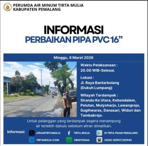 Perumda Tirta Mulia Pemalang Lakukan Perbaikan Pipa, Sejumlah Wilayah Terdampak Gangguan Suplai Air
